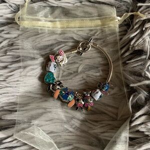 Like New Pandora Silver Heart T-Bar Snake Bracelet w/ 9 Lilo & Stitch Charms